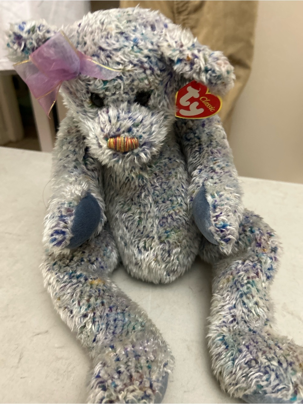 Ty Classic Plush Multicolor Large Pet Bear - Soft Gray with Pastel Speckles-Razz